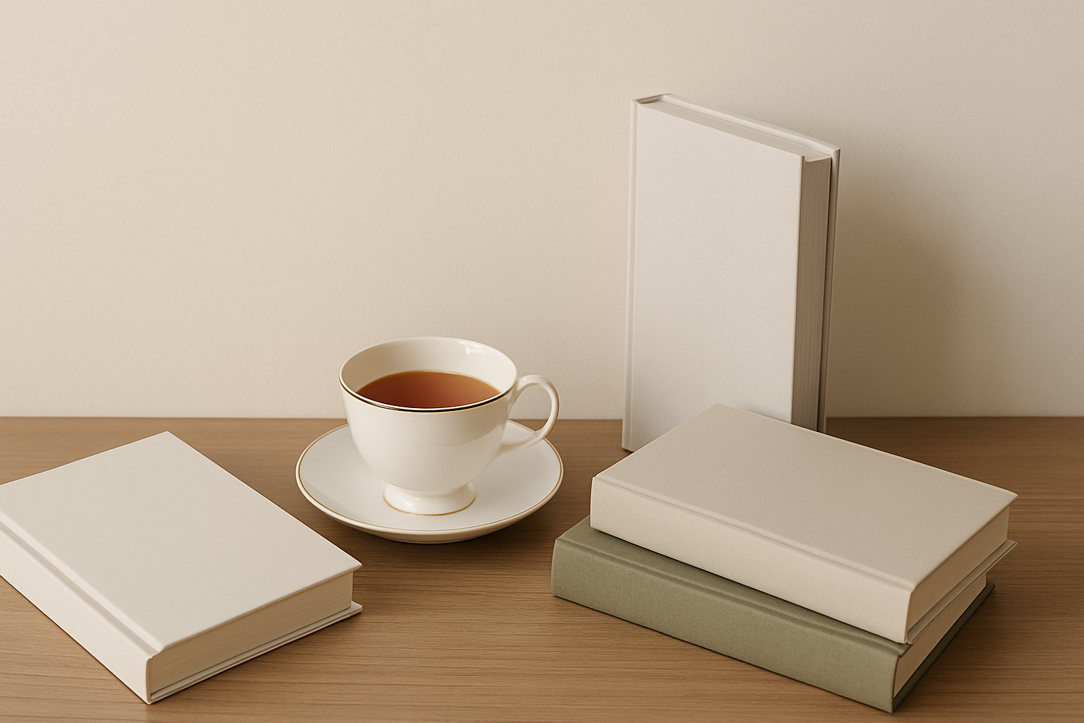 Minimalist British bookstore blog image with elegant books and tea
